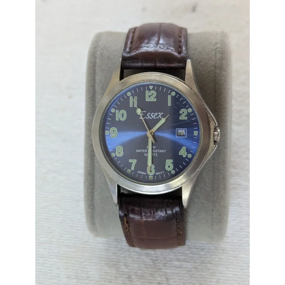 Essex Men's Blue Dial Field Watch Brown Leather Strap Quartz 36815FM (w Battery)